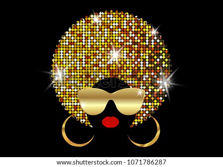 portrait African Women , dark skin female face with shiny hair afro and gold metal sunglasses in traditional ethnic golden turban, hairstyle concept, cover for black music, disco, beauty events. 