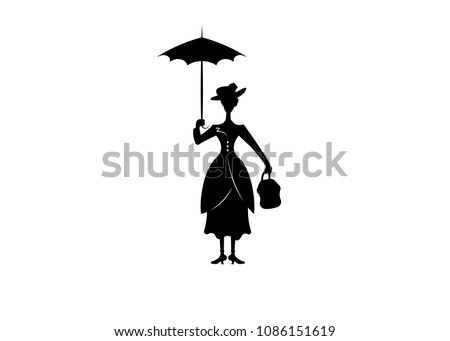 Silhouette girl floats with umbrella in his hand, vector isolated or white background 