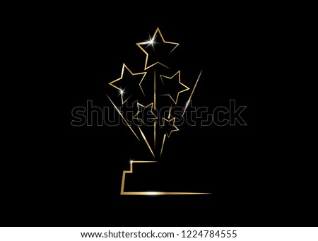 HOLLYWOOD  Movie PARTY Gold STAR AWARD Statue Prize Giving Ceremony. Golden stars prize concept, Silhouette statue icon. Films and cinema symbol stock, Academy award vector isolated or black