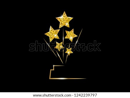 HOLLYWOOD  Movie PARTY Gold glitter STAR AWARD Statue Prize Giving Ceremony. Golden stars prize concept, Silhouette statue icon. Films and cinema symbol stock, Academy award vector isolated 