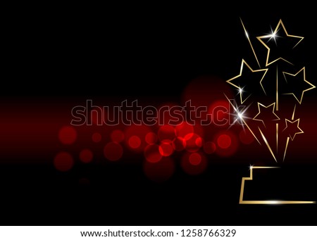 HOLLYWOOD background Movie PARTY Gold shiny STAR AWARD Statue Prize Giving Ceremony. Golden stars prize concept, Silhouette icon. Films and cinema symbol stock, Academy award vector blurred background