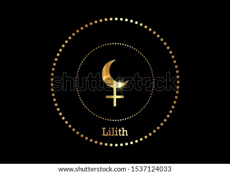 Lilith Black Moon in gold color, false fictive moon, apogee point of lunar orbit empty focus. Hieroglyphics character sign, golden vector isolated on black background 
