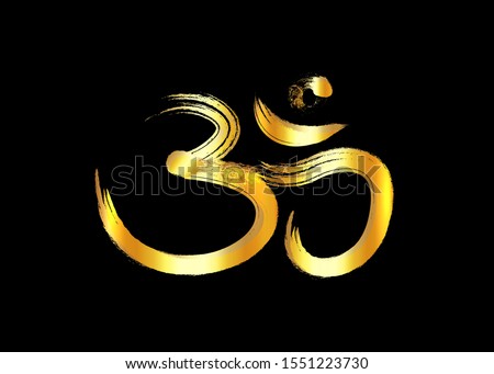 Om, Aum gold brush symbol, grunge style. Om ink icon Chinese Calligraphy. Samsara golden logo design. Vector isolated on black background 