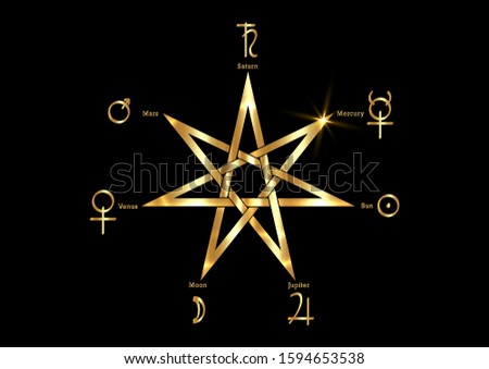 Planetary Ritual of the gold Heptagram, vector isolated on black background. Seven point star or septa-gram, hepta-gram magical symbol mystic sign. Golden Witches runes, wicca divination symbols