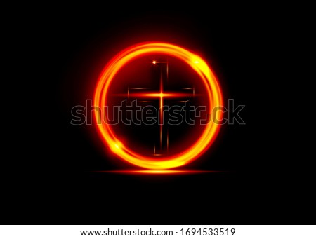 cross of light, shiny Cross with golden round frame of orange fire, symbol of christianity. Symbol of hope and faith and glowing fire ring. Vector illustration isolated on black background