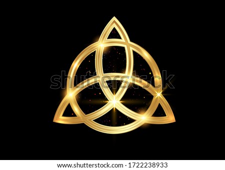 Triquetra geometric logo, Gold Trinity Knot, Wiccan symbol for protection. Vector golden Celtic trinity knot set isolated on black background. Wiccan divination symbol, ancient occult sign