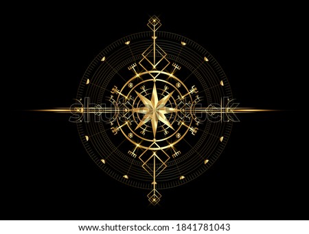 Magic ancient viking art deco, wind rose magic navigation compass ancient. Gold Compass navigation dial, widely used in Viking society. Logo icon Wiccan esoteric sign, golden vector isolated on black