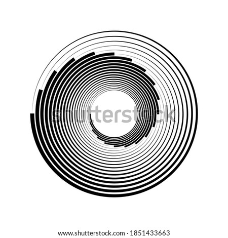 Geometric radial element. Abstract concentric. Monochrome volute, vortex shapes. Twisted helix elements. Rotation, spin and twist concept logo design digital art, vector isolated on white background 