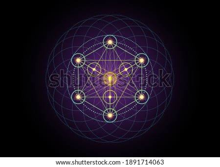 Alchemy occult sign, Metatrons Cube, Flower of Life. Sacred geometry, graphic element magic hexagram. Vector Mystic icon platonic solids, geometric drawing, typical crop circles on purple background