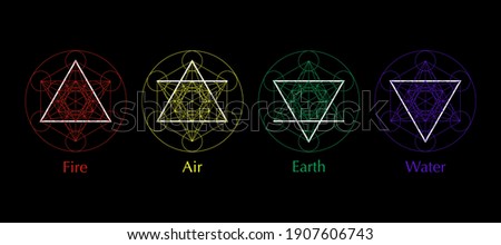 four elements icons, line, triangle and round symbols set template. Air, fire, water, earth symbol. Colorful Pictograph. Alchemy symbols isolated on black background. Magic vector decorative elements