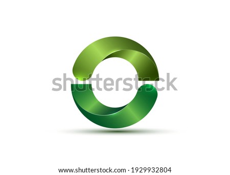 3D Logo, glossy Bio Design with green Semi Circles. Ecologic round, alphabet, impossible letter O symbol or double C. Zero number vector Eco circle sign isolated on white background