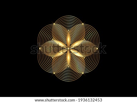 Seed of life symbol Sacred Geometry. Gold Logo icon  Geometric mystic mandala of alchemy esoteric Flower of Life. Interlaced gold circles, vector divine meditative amulet isolated on black background