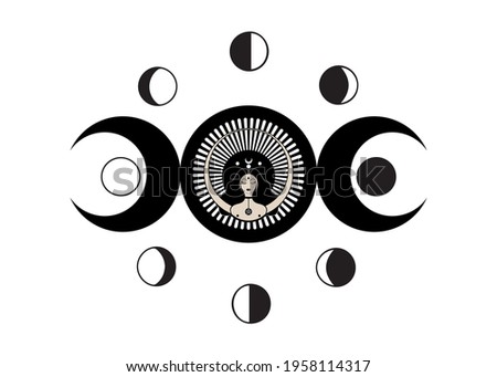 Wiccan woman icon, Triple goddess symbol of moon phases. Triple Moon Religious Wicca sign. Neopaganism logo. Lunar calendar cycles. New, Full Moon, Waning Crescent, First and Last Quarter. Vector 