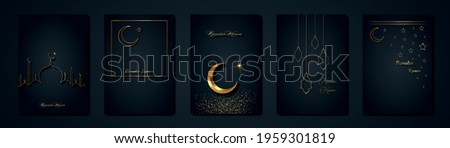 Ramadan Kareem 2022 vector set greeting card. Gold half moon on black background. Golden holiday poster with text, islamic symbol. Concept Muslim religion banner, flyer, party invitation, sale shop