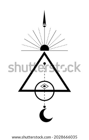 Sacred Geometry, Triangle logo with sun, crescent moon, alchemy esoteric mystical magic celestial talisman. Spiritual occultism object isolated on white, vector illustration in black outline style