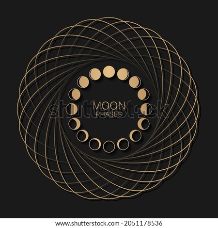 Moon phases astronomy icon set in round frame lunar cycle, full moon, waning, waxing, first quarter, gibbous, crescent, third quarter. Vector Illustration on black background