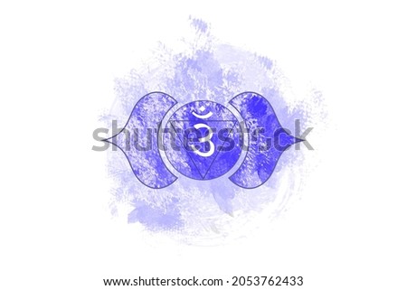 Sixth chakra of Ajna, Third eye chakra logo template in watercolor style. Purple mandala. Sacral sign meditation, yoga icon, vector isolated on white background