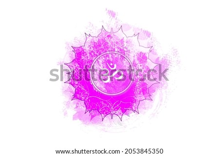 seventh chakra of Sahasrara, Crown chakra logo template in watercolor style. Purple sacral sign meditation, yoga round mandala icon. The symbol Om in the center, vector isolated on white background