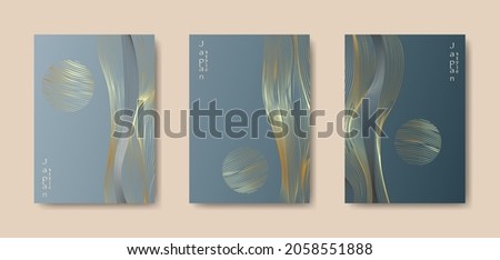 Japanese landscape background set cards gold line wave pattern vector illustration. Blue luxury Abstract template geometric wavy texture. Mountain layout design in oriental style, vertical brochure