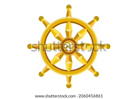 Golden Dharma wheel. Buddhism sacred symbol. Dharmachakra. Vector illustration isolated on white background 