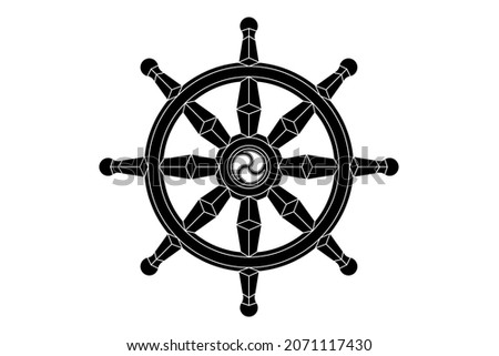 Dharma wheel logo icon. Buddhism sacred symbol. Dharmachakra. Vector illustration isolated on white background 