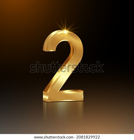 3d golden number two, 2, vector 2nd Year anniversary celebration background, second position concept, gold logo isolated on black square template 