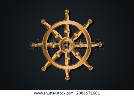 Golden Dharma wheel. Buddhism sacred symbol. Dharmachakra. Vector illustration isolated on black background 