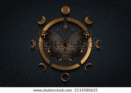 Beautiful butterflies with engraving and Phases of the moon. Wiccan symbol, full moon, waning, waxing, first quarter, gibbous, crescent, third quarter. Vector logo isolated on black golden starry sky