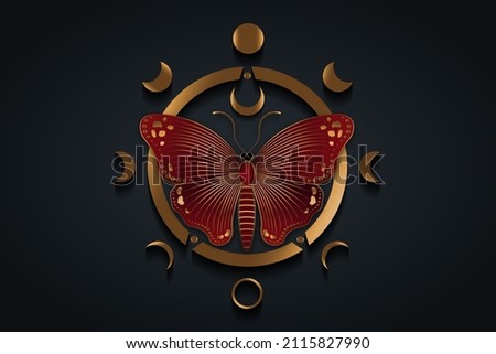 Beautiful red butterfly engraving and Phases of the moon. Wiccan gold luxury symbol, full moon, waning, waxing, first quarter, gibbous, crescent, third quarter Vector logo isolated on black background