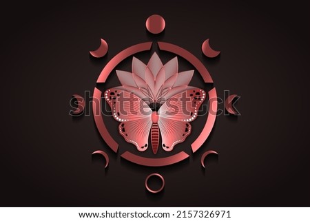 Sacred lotus flower and rose gold butterfly with engraving and Moon Phases. Wiccan symbol, full moon, waning, waxing, first quarter, gibbous, crescent, third quarter. Vector logo isolated on black 