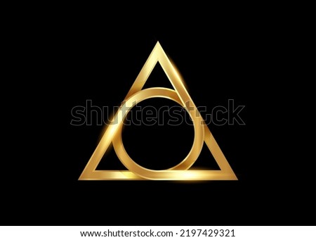 golden sacred geometrical figure of a circle inscribed in a triangle, the gold vector logo design mythological symbol round triangle, magical talisman isolated on black background 