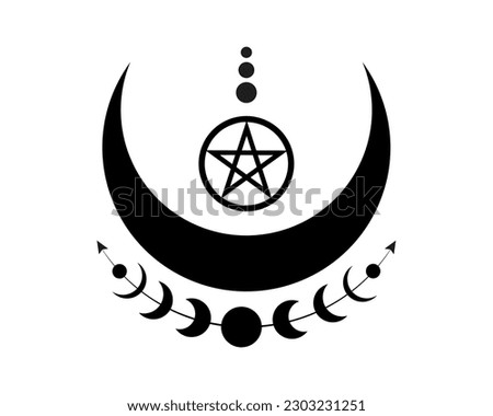 Mystical Moon Phases and Wicca pentacle. Sacred geometry. Logo, crescent moon, half moon pagan Wiccan goddess symbol, energy circle, boho style vector isolated on white background