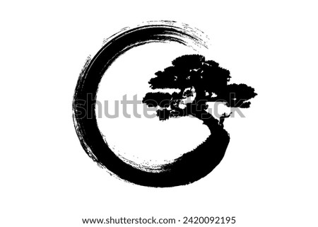 Enso Zen Circle and Bonsai Tree, hand-drawn with black ink in traditional Japanese style sumi-e, Vector logo design in Paint Brush art style, isolated on white background 