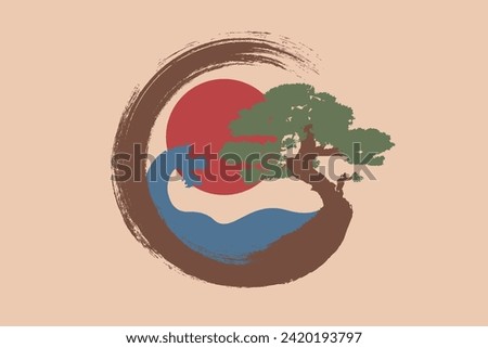 Japanese landscape on Enso Zen Circle, Bonsai Tree and big red sun, hand-drawn with colorful ink in traditional oriental style sumi-e, Vector logo design in Paint Brush art design, vintage background