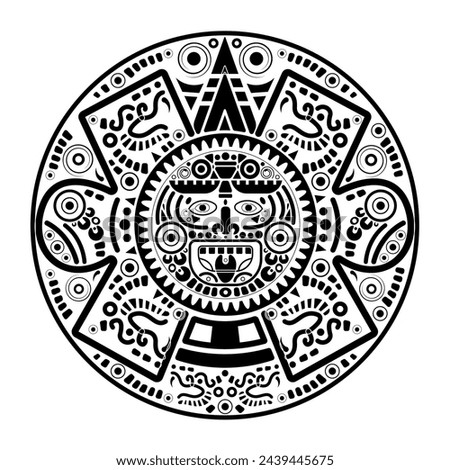 Sacred Aztec wheel calendar Mayan sun god, Maya symbols ethnic mask, black tattoo round frame border old logo icon vector illustration isolated on white background 