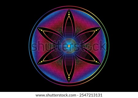 Seed Flower of life lotus icon, logo mandala sacred geometry, Pixel art design, light spectrum symbol of harmony and balance. Mystical talisman, vector round design isolated on black background 