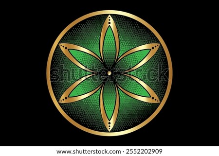 Seed Flower of life lotus icon, logo mandala sacred geometry, Pixel art design, green symbol of harmony and balance. Mystical talisman, vector round design isolated on black background 