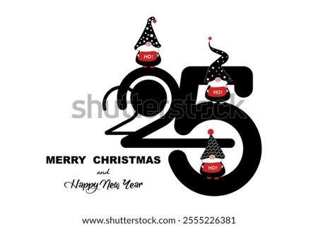 2025 New Year and Magic Christmas Gnomes logo design. Ho Ho Ho Santa Elf. Holiday card design for invitation, calendar, party, print, label, vector isolated on white background 