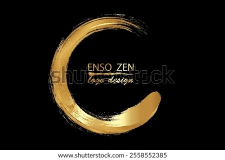 Enso Zen Circle hand-drawn with old gold ink in traditional Japanese style sumi-e, luxury vector logo design in Paint Brush art style, isolated on black background 