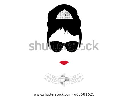 portrait retrò woman, diva with Pearl jewelry and black glasses , minimal Audrey vector illustration