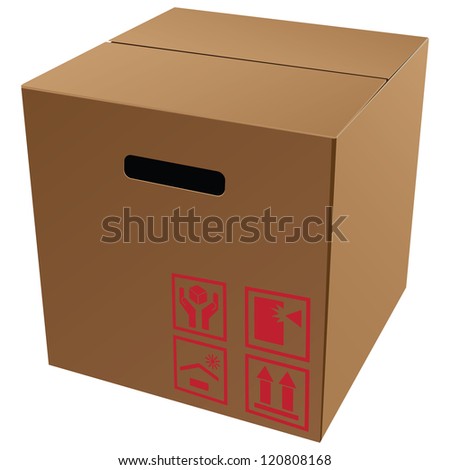 Cardboard packaging with symbols for transport and storage. Vector illustration.