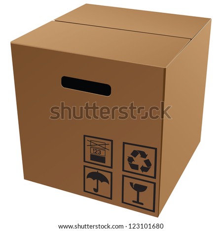 Cardboard packaging with symbols for transport and storage. Vector illustration.