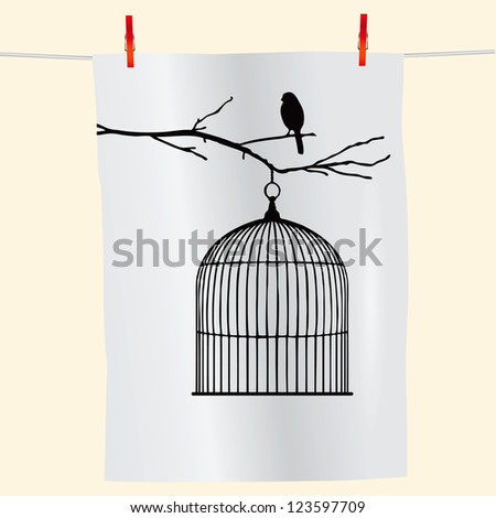 The Branch With The Bird And An Empty Cage On The Fabric. Vector ...