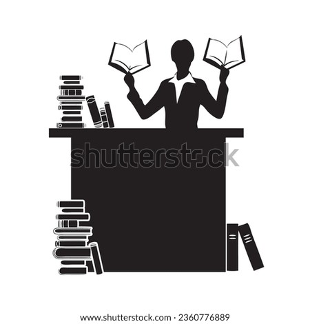 A female librarian at her work desk surrounded by books.