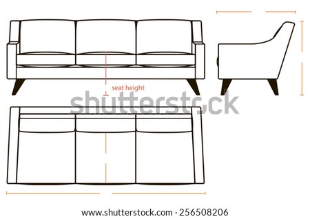 The basic dimensions of household sofa in three projections. Vector illustration.