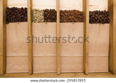 Varieties of coffee packaged types: Arabica, Robusta, Excelsa, Kopi Luwak, Liberica