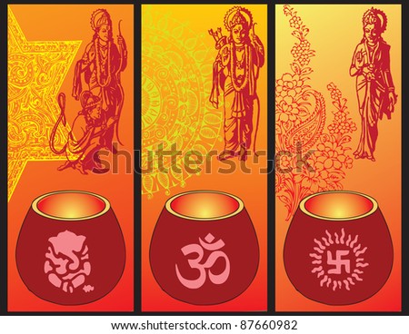 Illustration on Diwali with lamps and symbols of culture and religion of India.