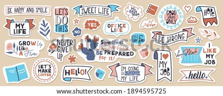 Big set of motivational phrases, quotes, and stickers. 33 objects. Handwritten words for every design production. 商業照片 © 