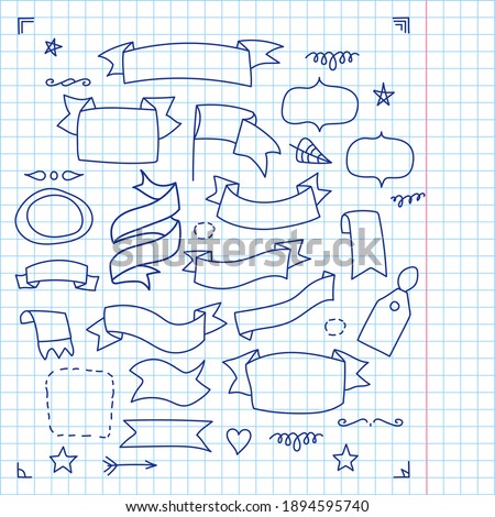 Big set of 38 different doodle elements like 29 Frame labels for the text, 4 different decoration for angles plus a plaid common pattern for a notebook. Perfect suits for banners, speech bubbles.
