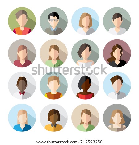 16 Avatars, women, and men heads in flat style. Vector illustration in the circle. Business style people.